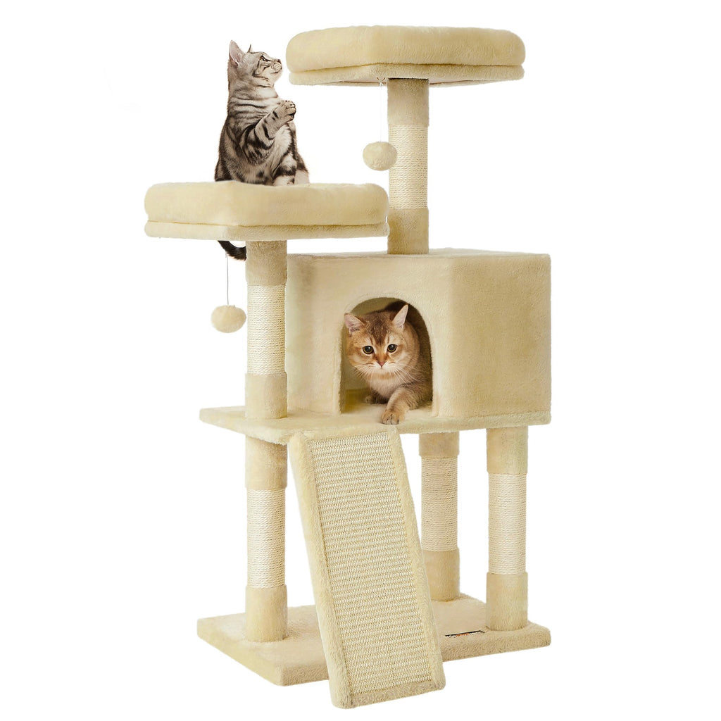 Feandrea Cat Tree, 45.3-Inch Cat Tower, Plush Condo Scratching Post, Beige