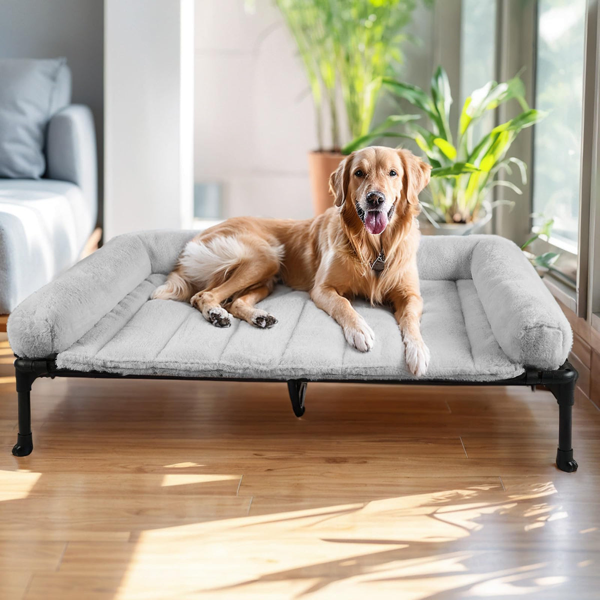 Veehoo Elevated Dog Beds Medium Sized Dog with Fluffy Plush Bolster Cushion