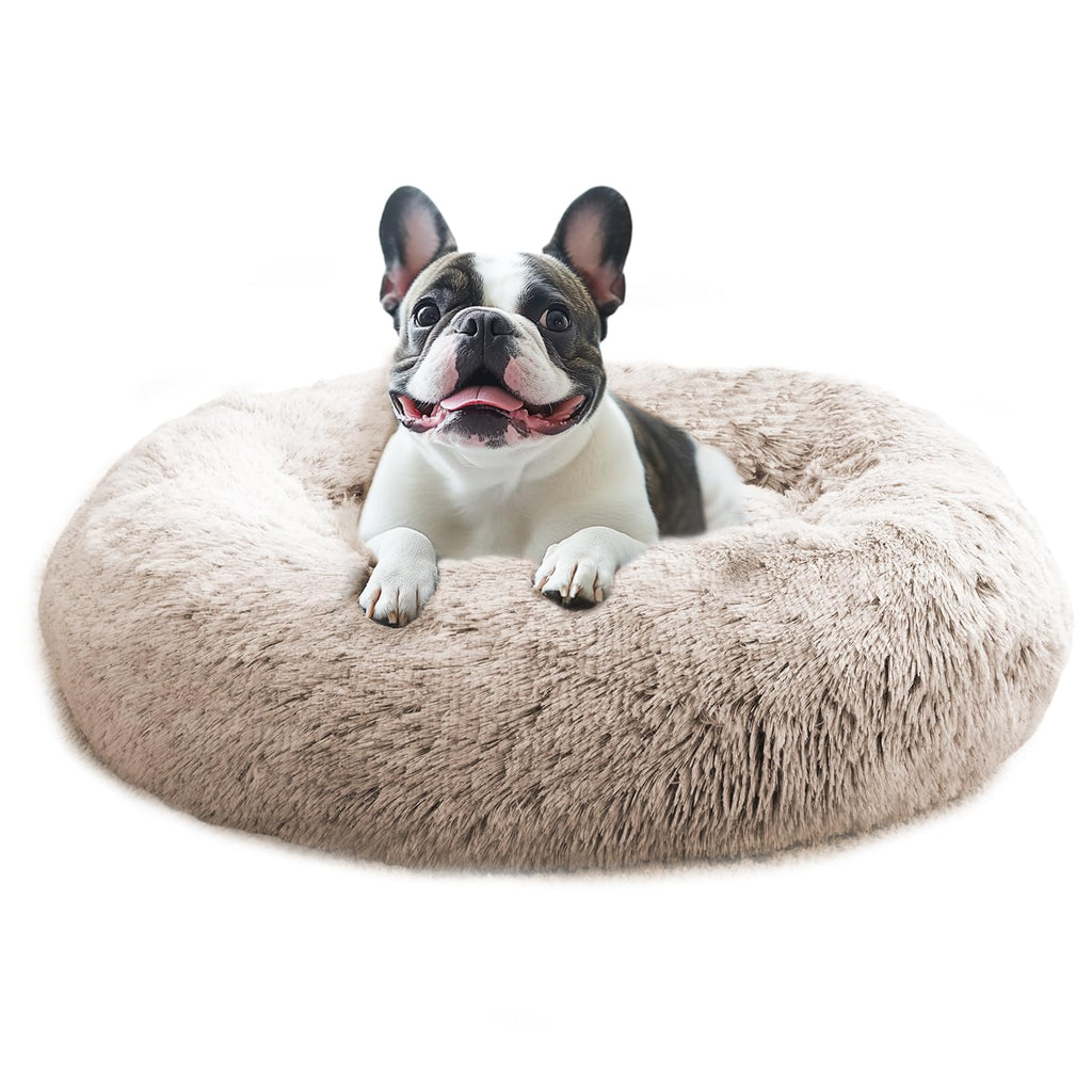 JOLLYVOGUE Calming Small Dog & Cat Bed for Indoor Cats - 20 inches Washable Donut Bed for Kittens & Puppies, Anti-Anxiety Round Fluffy Plush Pet Beds (Fits up to 15 lbs, Cream Brown)