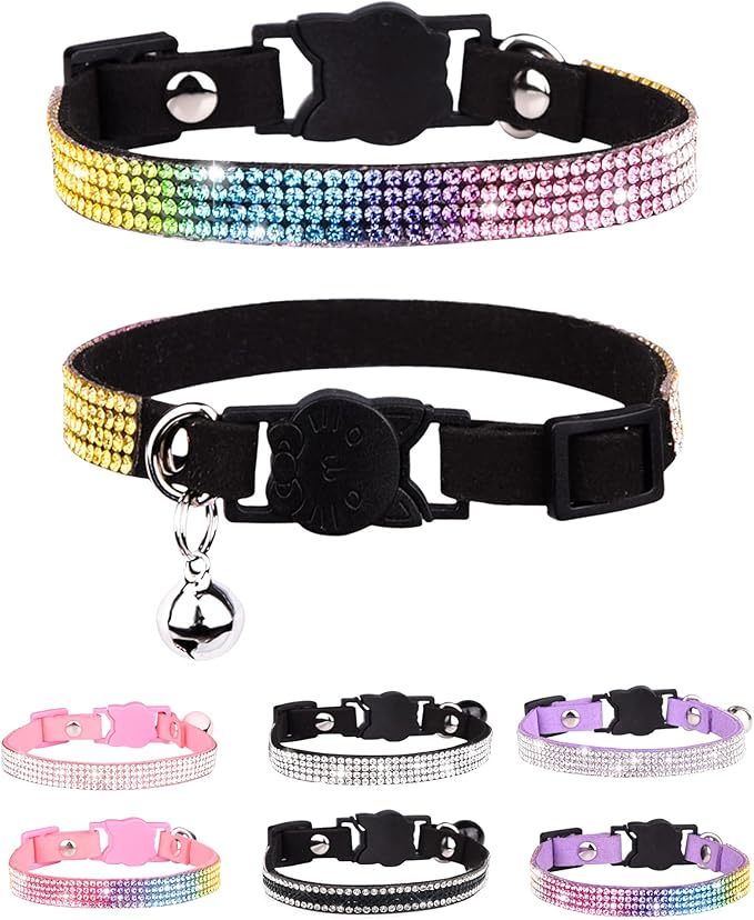 Aecllcea Cat Collars for Girl Cats with Rhinestone Soft Velvet,Breakaway Cat Collars with Bell,Adjustable Safe Kitten Collar (Multicolour Purple)