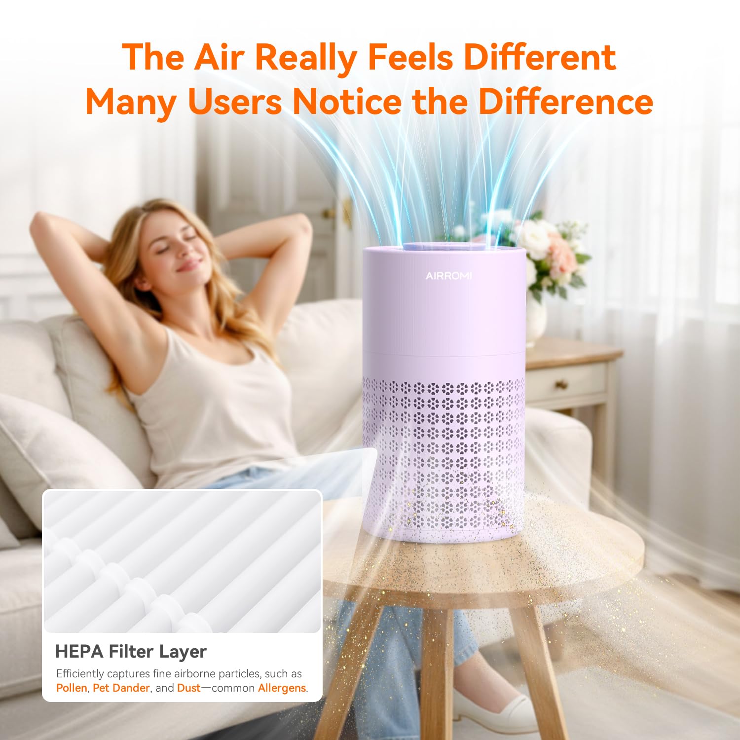 AIRROMI Air Purifier for Bedroom with HEPA 3-in-1 Filter, Pet Air Purifier for Home Cat Pee Smell, Covers Upto 990 Ft², Quiet 360°intake Air Cleaner for Pet Hair,Allergies,Pollen,Smoke A2001 Purple