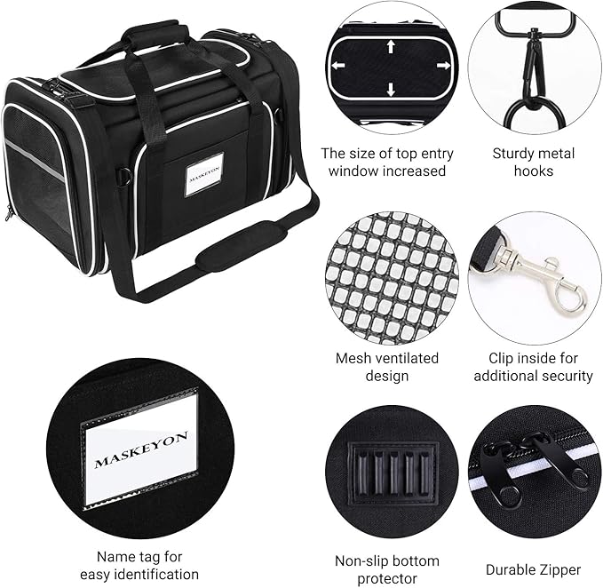 MASKEYON TSA Airline Approved Large Pet Travel Carrier,4 Sides Expandable with 2 Mesh Pockets,3 Entry, Soft Sided Collapsible Dog Carrier for 2 Cats,Kittens,Puppies,Dog, X-Large, Black & White