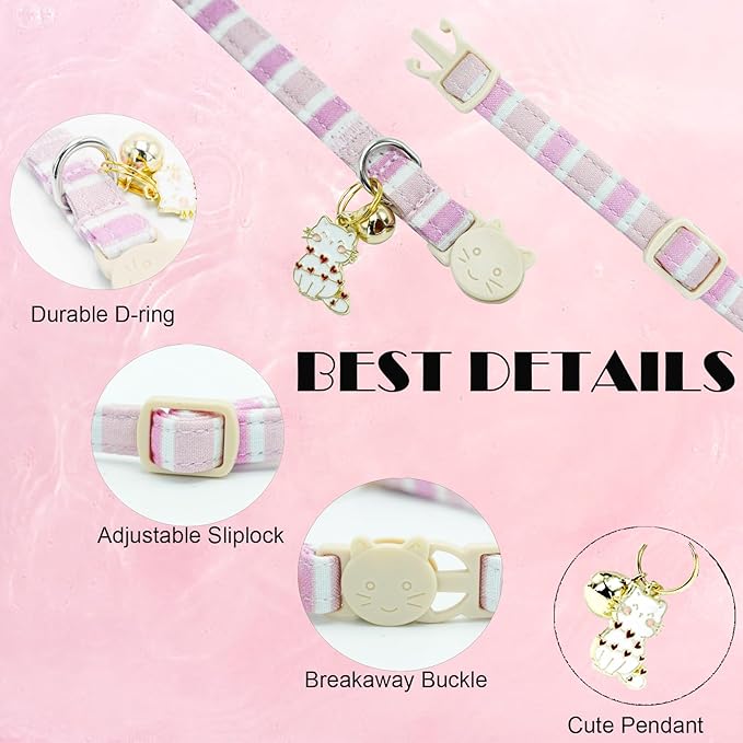 Elegant little tail 2 Pack Cat Collar-Pink Strip Cotton Breakaway Cat Collars with Bell Pendant Kitten for Girl Safety Adjustable Collar for Small Cats Puppy