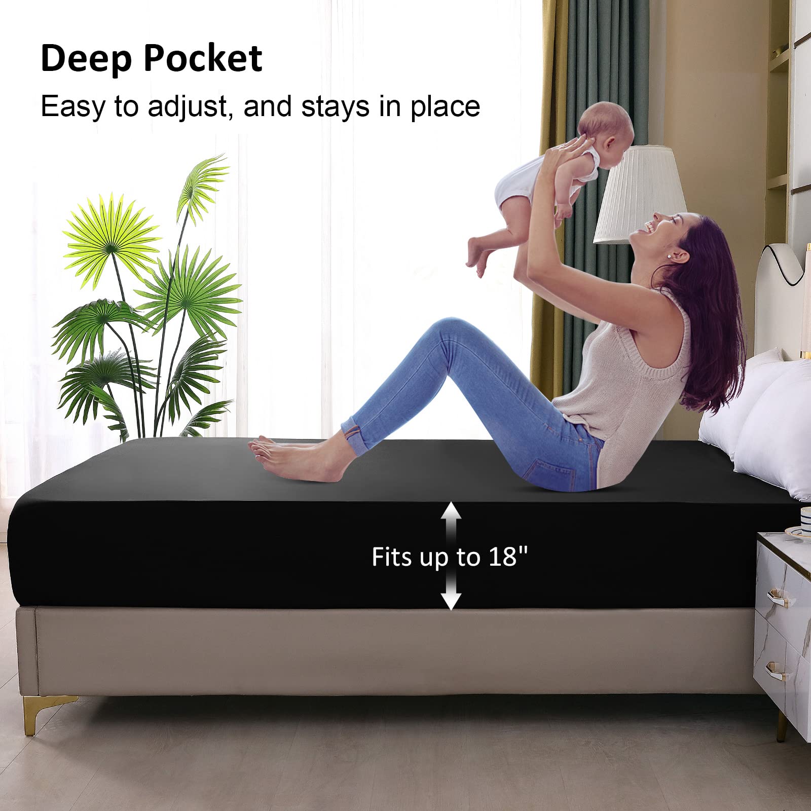 Twin Mattress Protector Waterproof, Fitted Sheet Style Breathable Mattress Cover with Deep Pocket Fits Up to 18'', Machine Washable Noiseless Bed Cover for Kids Adults Pets (Black, 39'' X 75'')