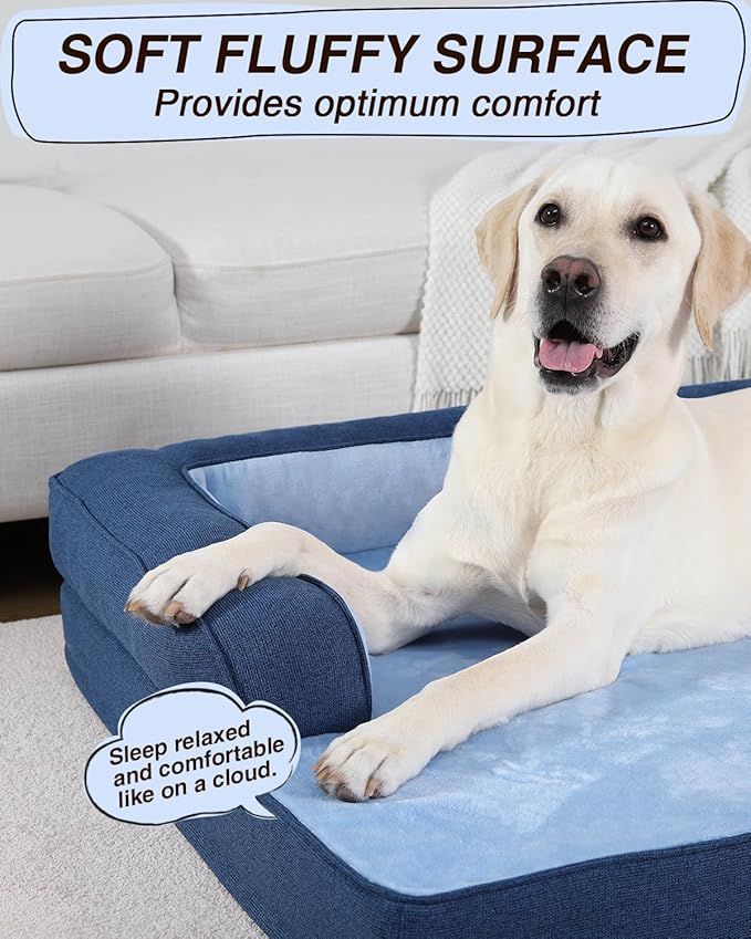 KSIIA Washable Dog Bed XXXL Senior Dog, Orthopedic Warm Soft Pet Sofa Waterproof Pet Couch with Sides, Non-Slip and Egg-Crate Foam Jumbo Beds with Removable Cover, 53x36Inch, Blue
