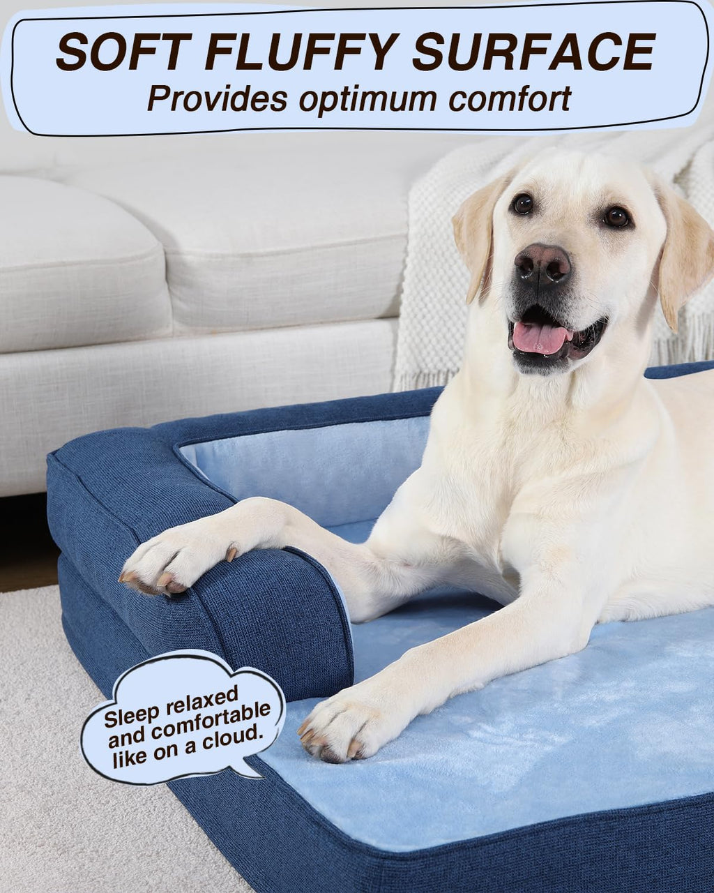 KSIIA Washable Dog Bed XXXL Senior Dog, Orthopedic Warm Soft Pet Sofa Waterproof Pet Couch with Sides, Non-Slip and Egg-Crate Foam Jumbo Beds with Removable Cover, 53x36Inch, Blue
