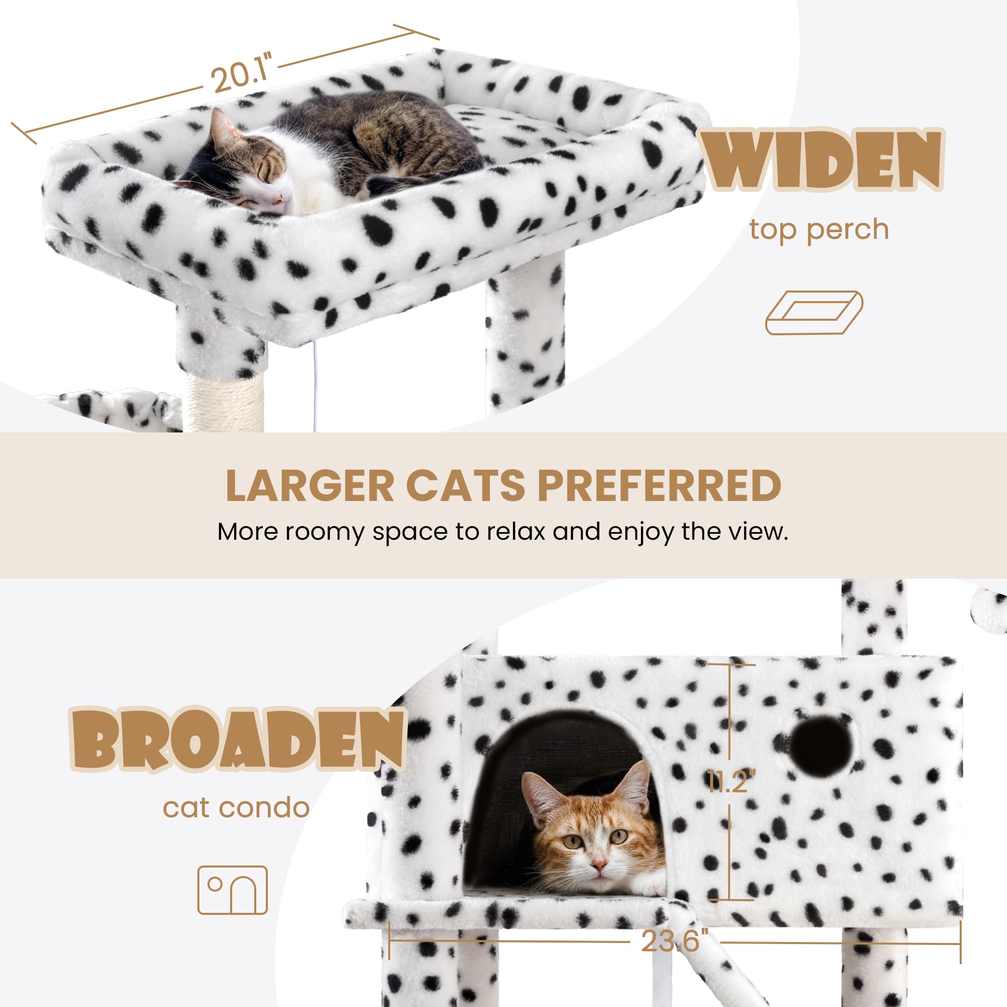 SHA CERLIN 81in Multi-Level Tall Cat Tree Tower for Indoor Kitties/Larger Cat Condo Furniture with Hammock/Cozy Pussycat Perches/Sisal Scratching Posts/Pet House/Wide Base/White & Black Spot