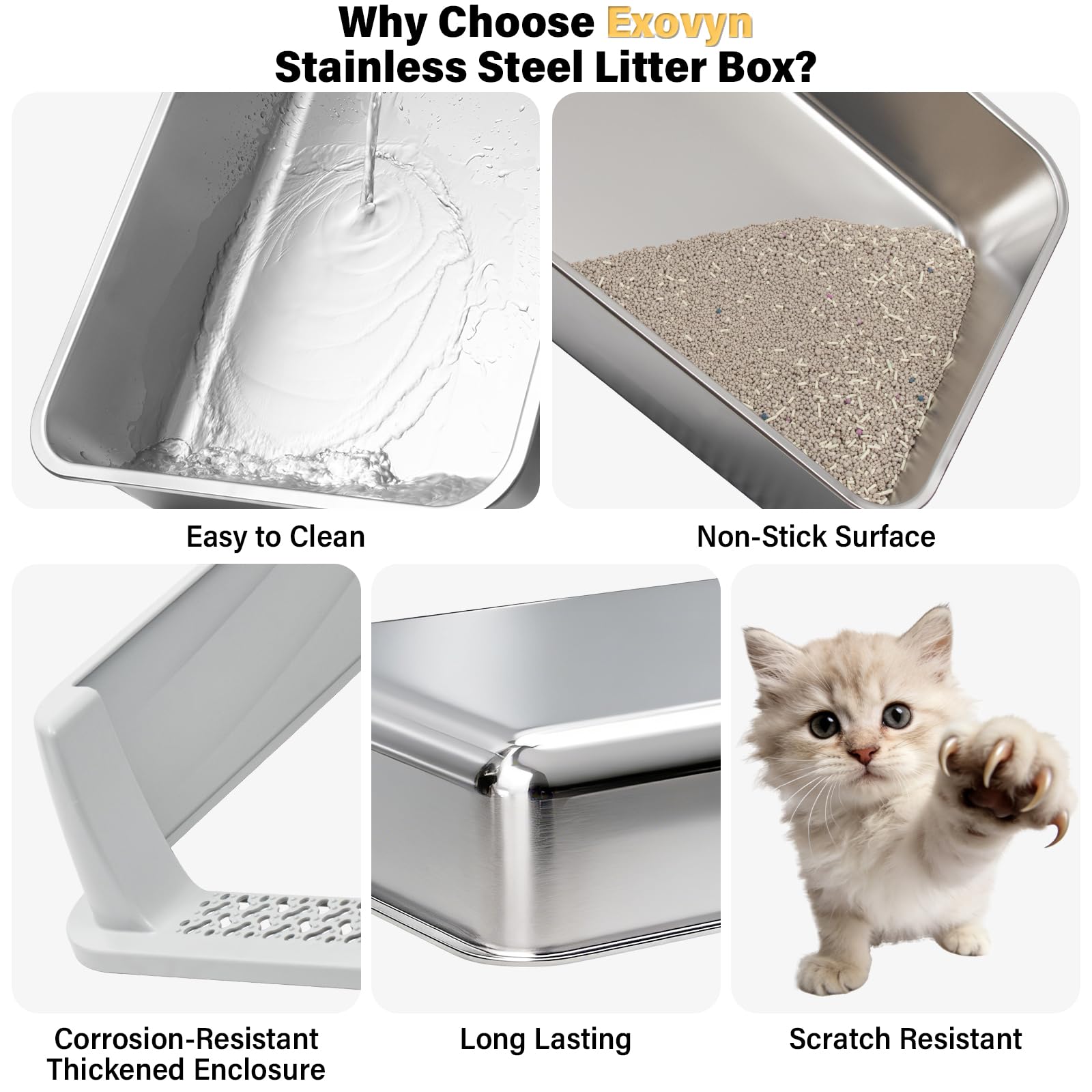 Exovyn Stainless Steel Litter Box with Lid,Kitten Litter Box for Small Cats
