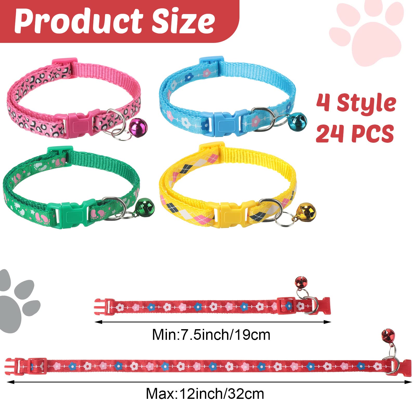 Yunsailing 24 Pcs Dog Collars with Bells for Litter Dog Puppy Soft Nylon Whelping Adjustable Reflective Kitten Collars for Newborn Pets Dogs, Assorted Colors(Cute Pattern)