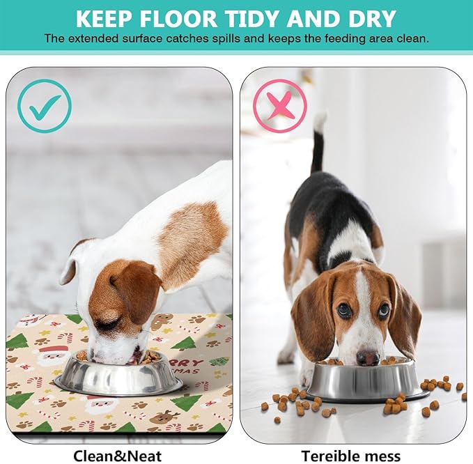 Christmas Dog Food & Water Mat, Paw Prints Santa Claus Snowman Xmas Pet Feeding Mat for Floor Non-Slip Waterproof, Super Absorbent Cat Bowl Mat, Easy to Clean Pet Placemat,16" × 24"