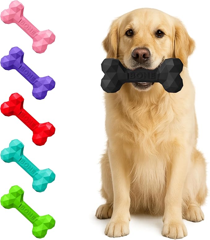 Natural Rubber Dog Chew Bone Toy for Aggressive Chewers – Indestructible Rubber Dog Toys for Large & Medium Dogs – Treat Dispensing Durable Chew Bone – Dental Care & Boredom Relief (Black)