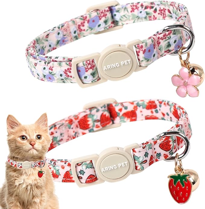 ARING PET 2 Pack Cat Collar, Christmas Breakaway Kitten Small Collars with Bells for Girl Boy Cats-Pink Reindeer Santa Claus & Green Xmas Tree