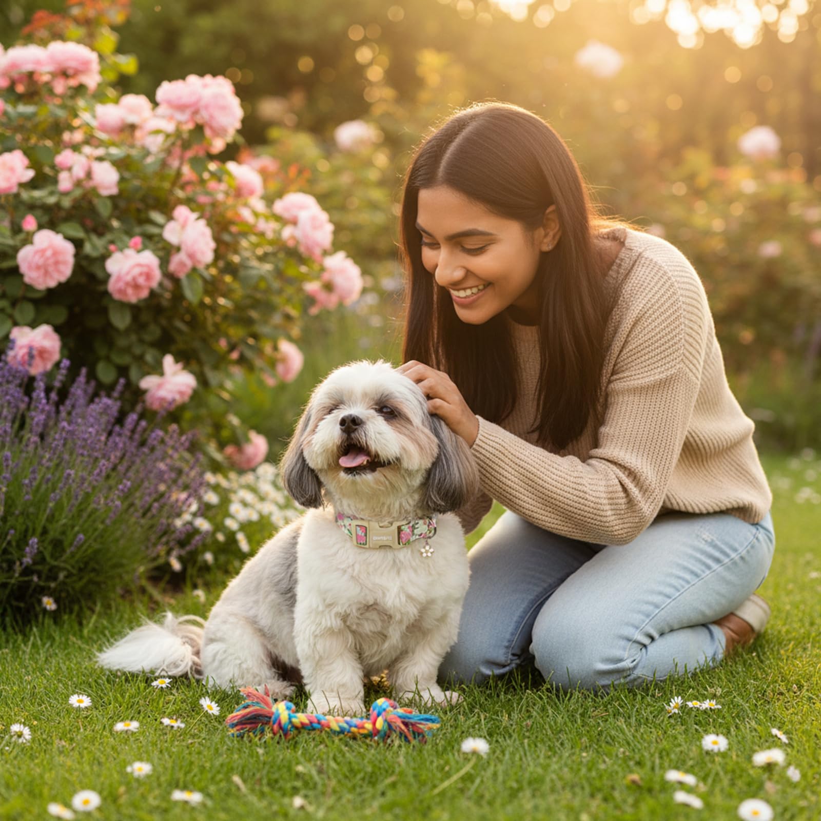 Astdogio Dog Collar for Small Medium Large Dogs, Spring Blue Dog Collars with Pink & White Flowers, Adjustable Cotton Dog Collars, Cute Girl or Boy Dog Collar Ideal for Gifts,Pet Accessory,L