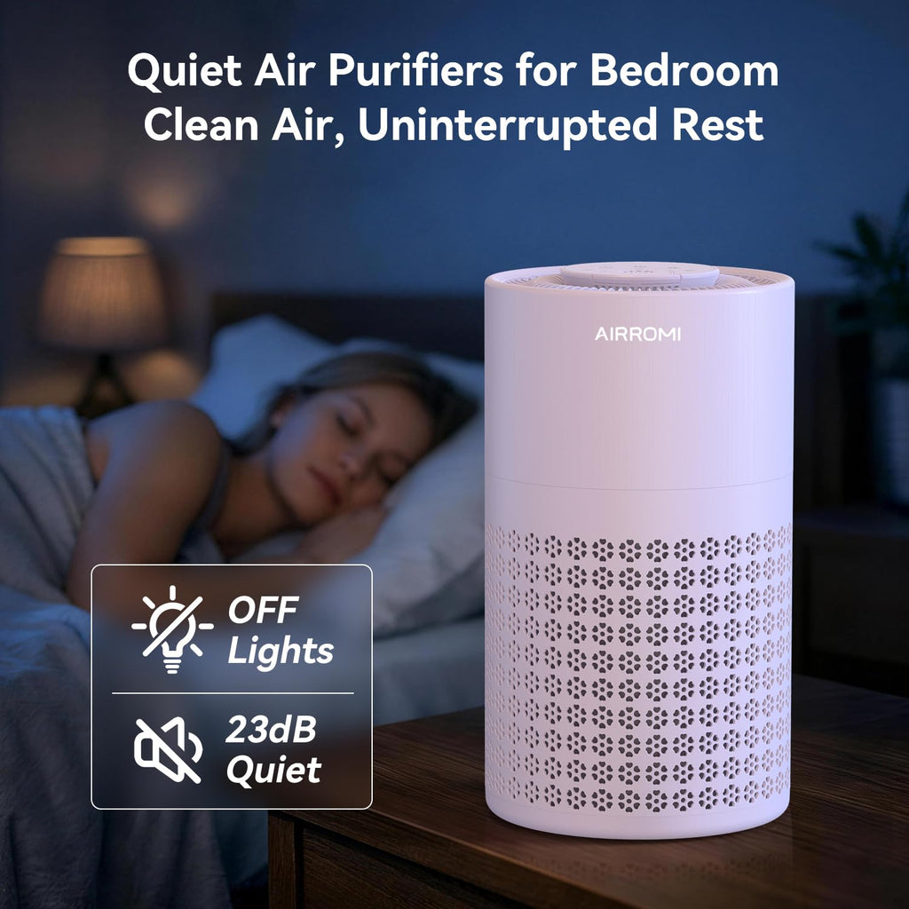 AIRROMI Air Purifier for Bedroom with HEPA 3-in-1 Filter, Pet Air Purifier for Home Cat Pee Smell, Covers Upto 990 Ft², Quiet 360°intake Air Cleaner for Pet Hair,Allergies,Pollen,Smoke A2001 Purple