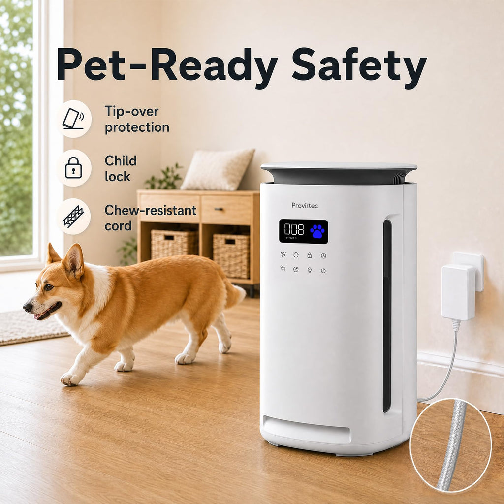 Provirtec Pet Air Purifier for Home with 2 Washable Pre-Filters, H13 HEPA