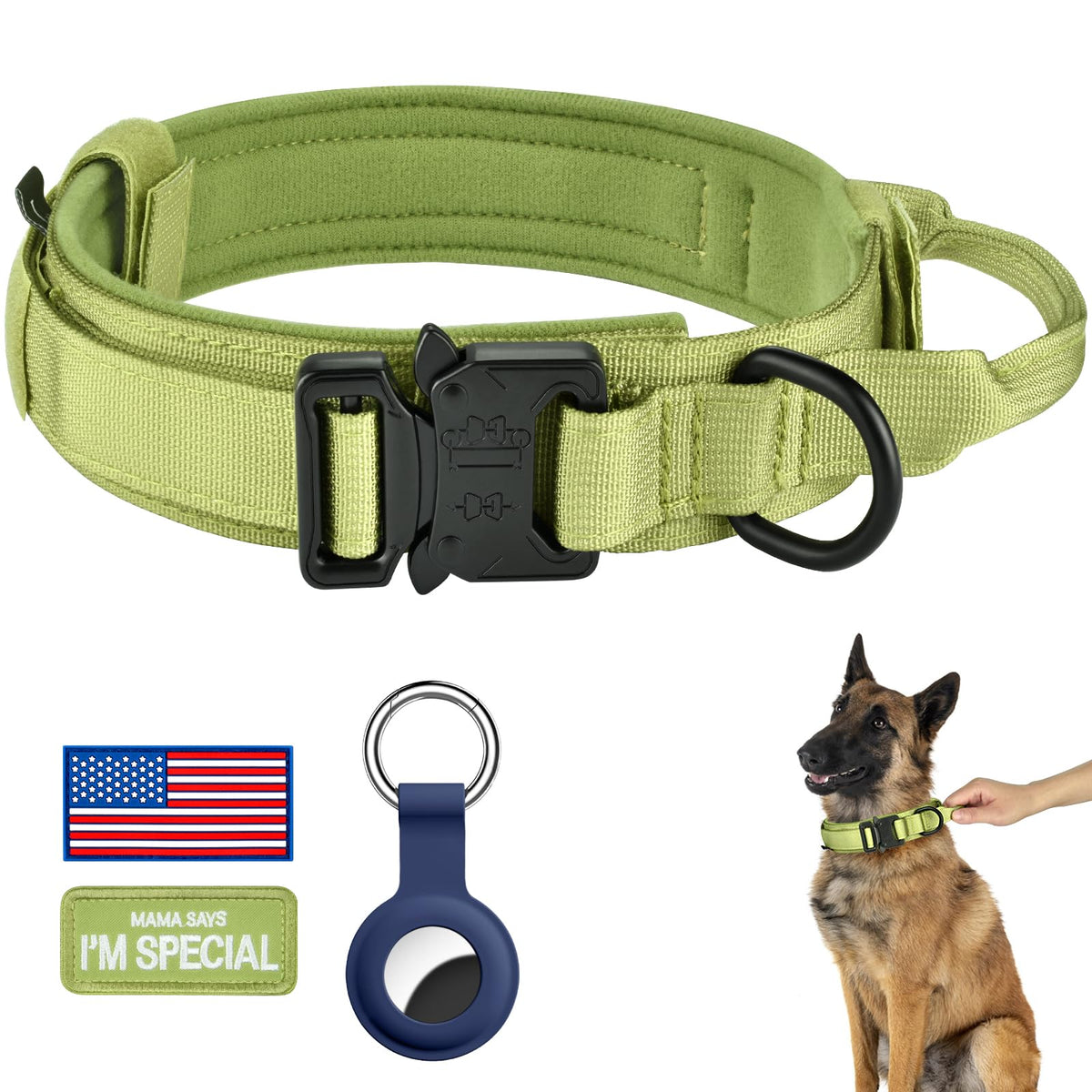 DAGANXI Tactical Dog Collar, Adjustable Military Training Nylon Dog Collar with Control Handle and Heavy Metal Buckle for Medium and Large Dogs, with Patches and Airtags Case (L, Pink)