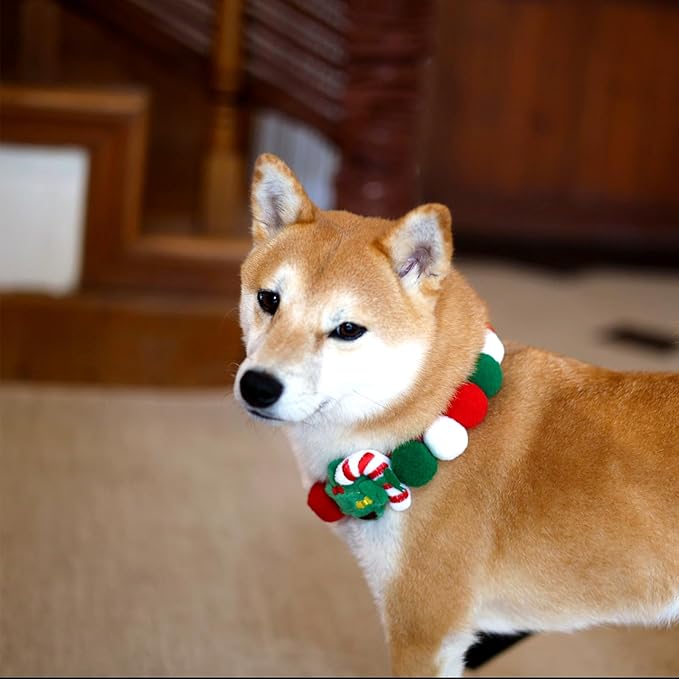 Lionheart glory Christmas Collar Pom-Pom Plush Ball Collar for Small Dogs Pet Christmas Costume Soft Funny Dog Collar Xmas Party Accessories Headgear