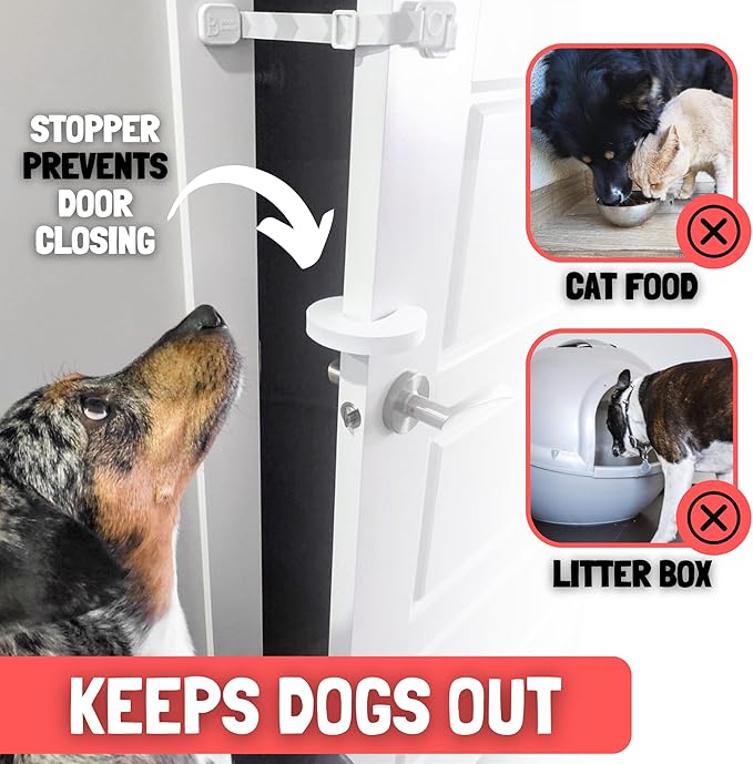 Door Buddy Cat Door Latch & Stopper. Adjustable Dog Proof Door Strap for Cats. Dog Proof Litter Box & Cat Feeder. Simpler Pet Gate Alternative. No Cut Cat Door Interior Door.