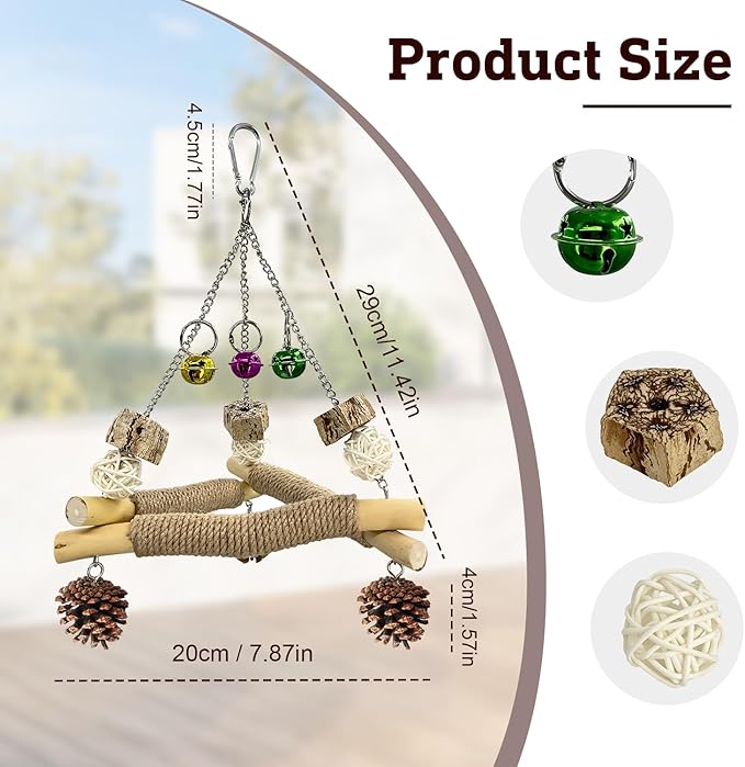 Bird Swing with 3 Bells & Natural Chew Toys – Triangular Perch Stand with Sisal Rope for Parakeets, Cockatiels, Lovebirds, Conures, Parrot – Stable Balance Trainer & Beak Care