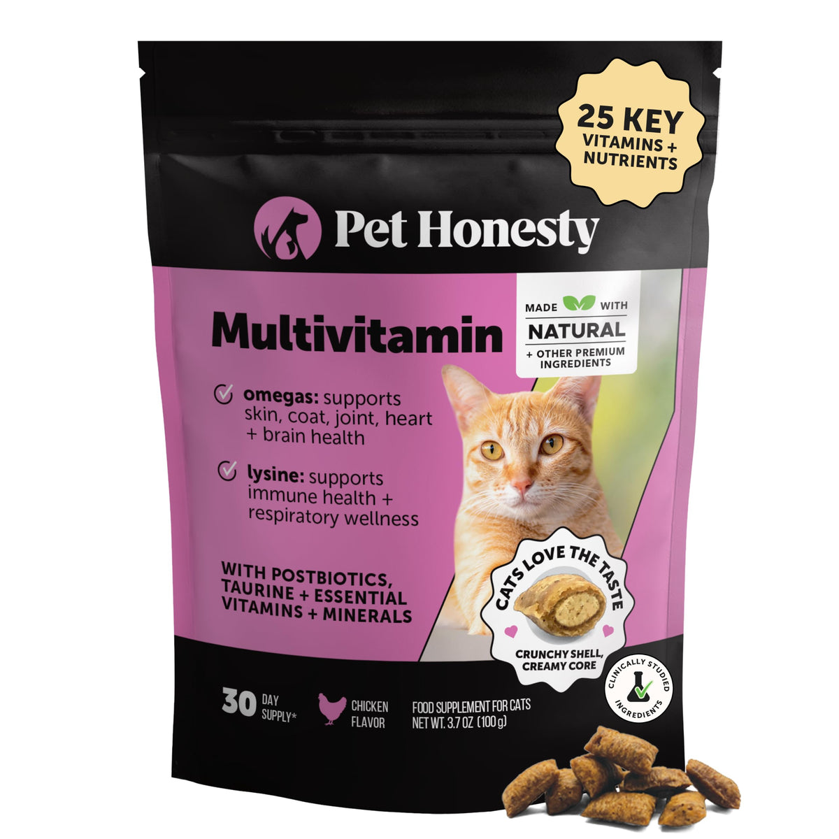 Cat Multivitamin Crunchy Creamy Chews - Daily Cat Vitamins with Lysine, Prebiotics, Omega 3 Fish Oil - Cat Treats for Immune Support, Skin Coat, Digestion, Heart + Joint Health (30-Day Supply)
