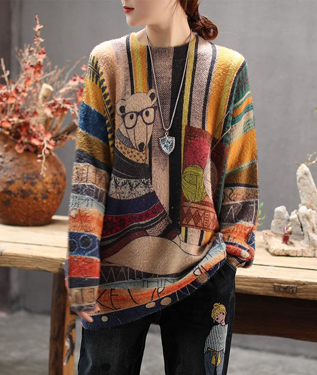 YESNO Women Casual Graphic Crew Neck Loose Long Sleeve Knitted Pullover Printed Sweater XS S01 CR31