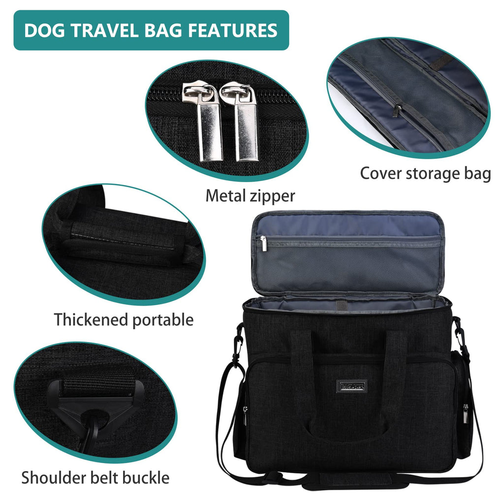 BAGLHER Dog Travel Bag, Airline Approved Pet Tote Organizer with Multi-Function Pockets, 2 X Food Storage Containers and 2 X Collapsible Bowls, Perfect Weekend Pet Travel Set for Dog, Cat Black
