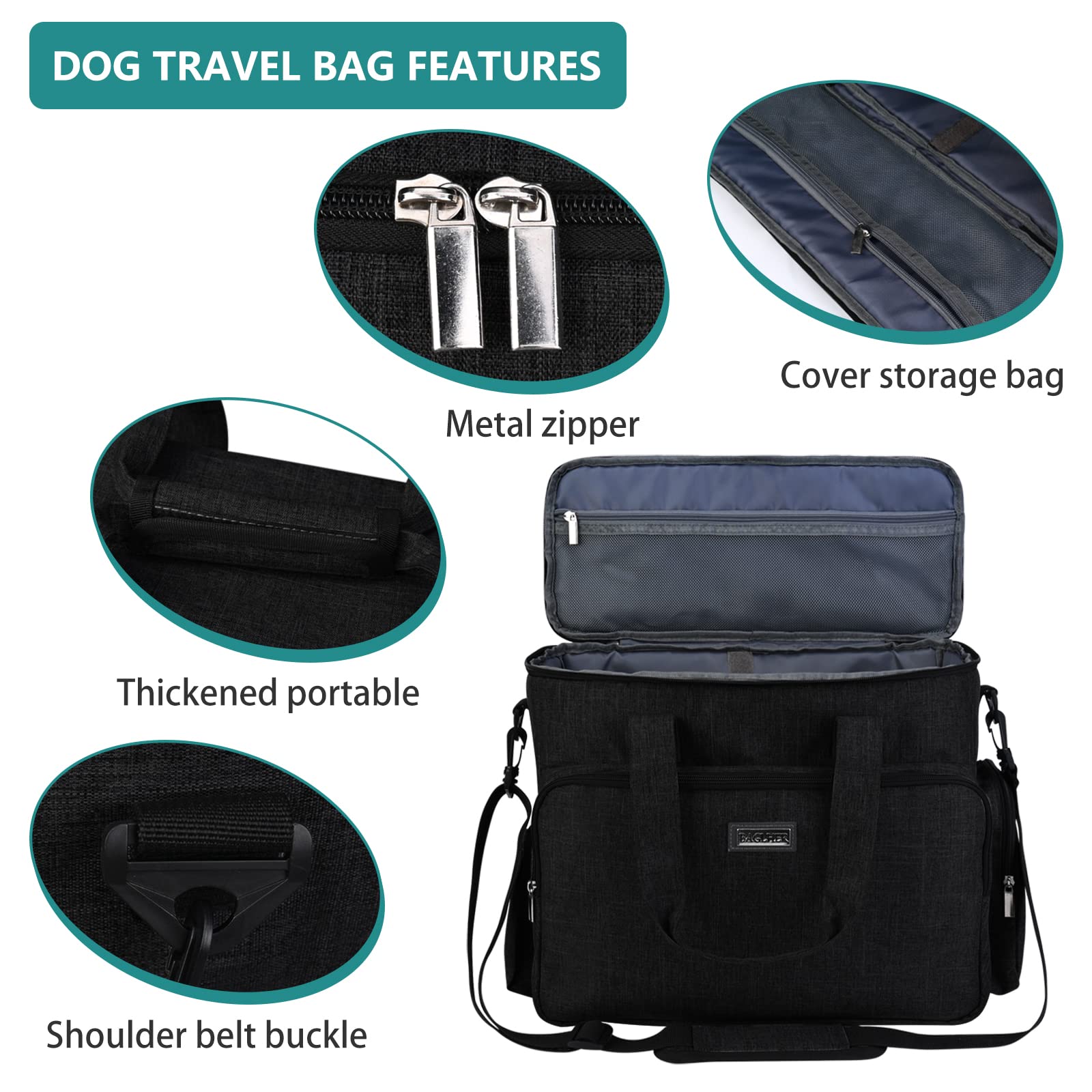 BAGLHER Dog Travel Bag, Airline Approved Pet Tote Organizer with Multi-Function Pockets, 2 X Food Storage Containers and 2 X Collapsible Bowls, Perfect Weekend Pet Travel Set for Dog, Cat Black