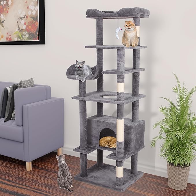 71'' Velvet Cat Climbing Frame, Multi-Level Cats Tree Tower with Scratching Posts, Large Top Padded Perch and Playhouse, Anti-Tipping Devices for Indoor Cats Activity Center (Cream White)