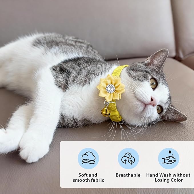 Tweruna 6 PCS Flower Kitten Collar with Bell, Adjustable Cute Cat Collar with Rhinestone for Female, Breakaway Small Kitten Collars, 6 Colors