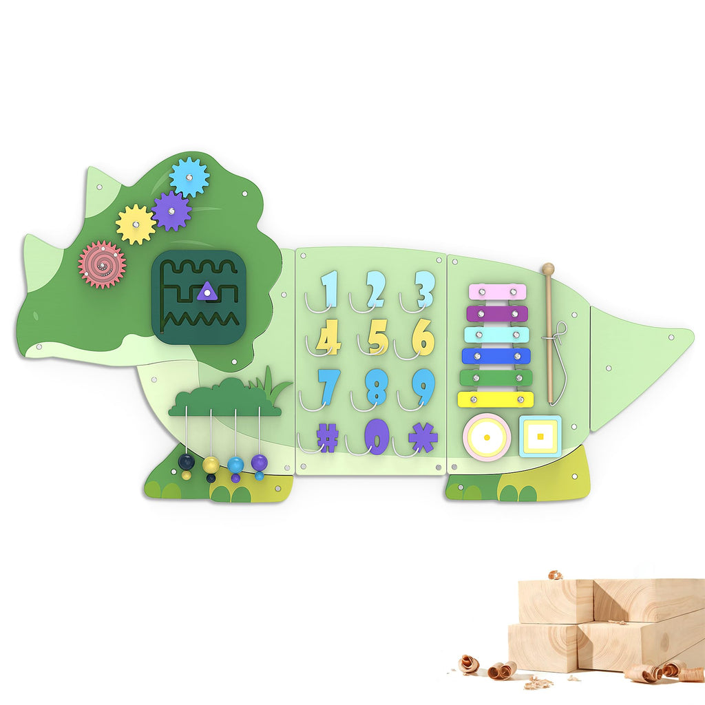 BlueWood Wooden Wall Busy Board Panels, Toddler Learning Activity Center, Montessori Philosophy Sensory, Educational Toys, Conducive to All-Round Development - Triceratops