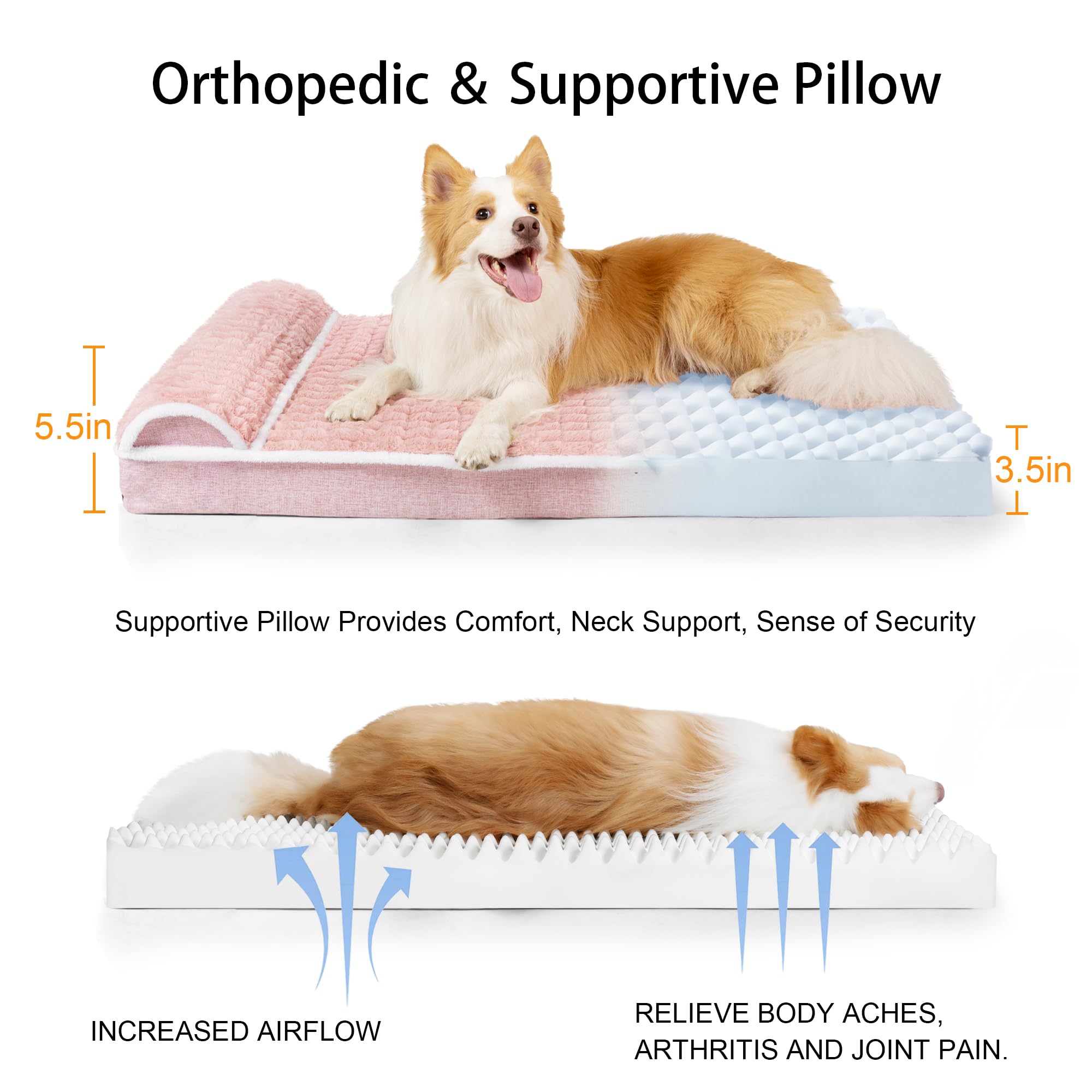 Jolifield Orthopedic Large Dog Bed Pillow Pet Sofa Bed 56''X40'' Pink