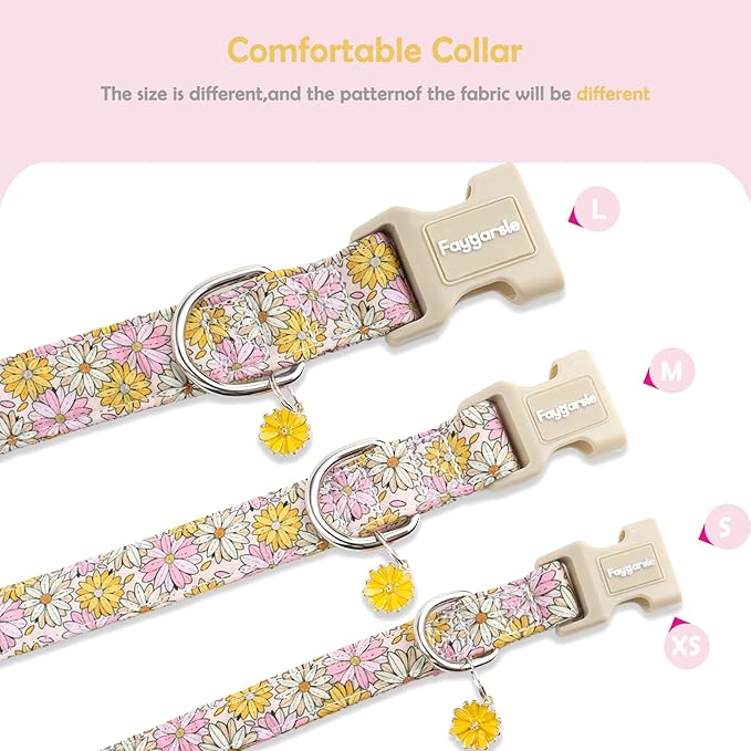 Faygarsle Floral Girl Dog Collar, Pink and Yellow Summer Spring Design for Small Medium Large Dogs, M