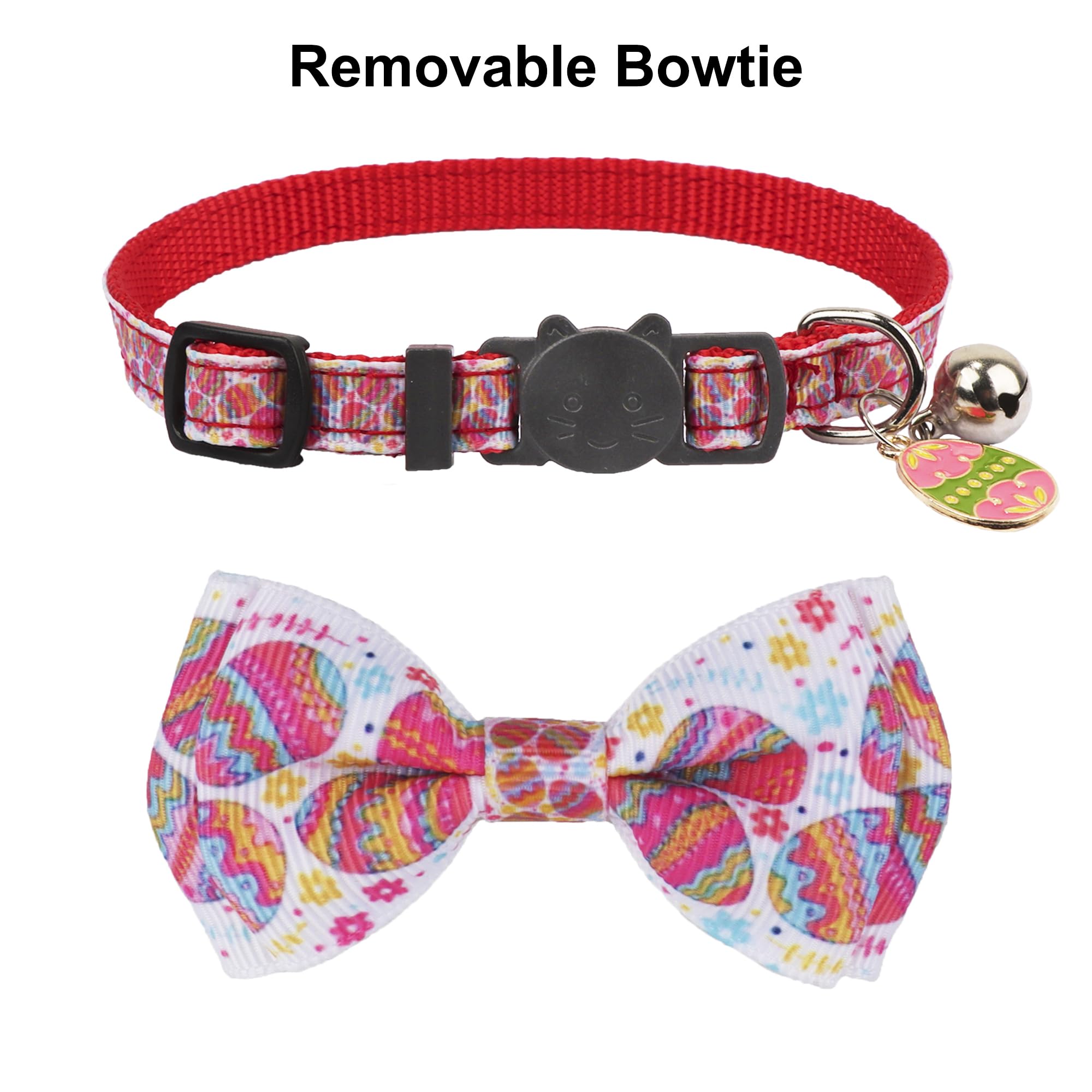 ADOGGYGO Easter Cat Collars with Bow Bell, Breakaway Kitten Bowtie Collar Red Purple Eggs Rabbit Easter Collars for Girl Boy Cats Kittens