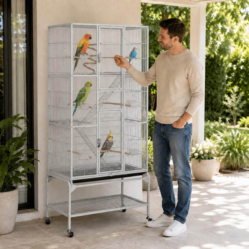 Yaheetech 69'' Extra Large Bird Cage Metal Parrot Cage w/Detachable Stand for Mid-Sized Parrots Cockatiels Conures Parakeets Lovebirds Budgie Finch, White