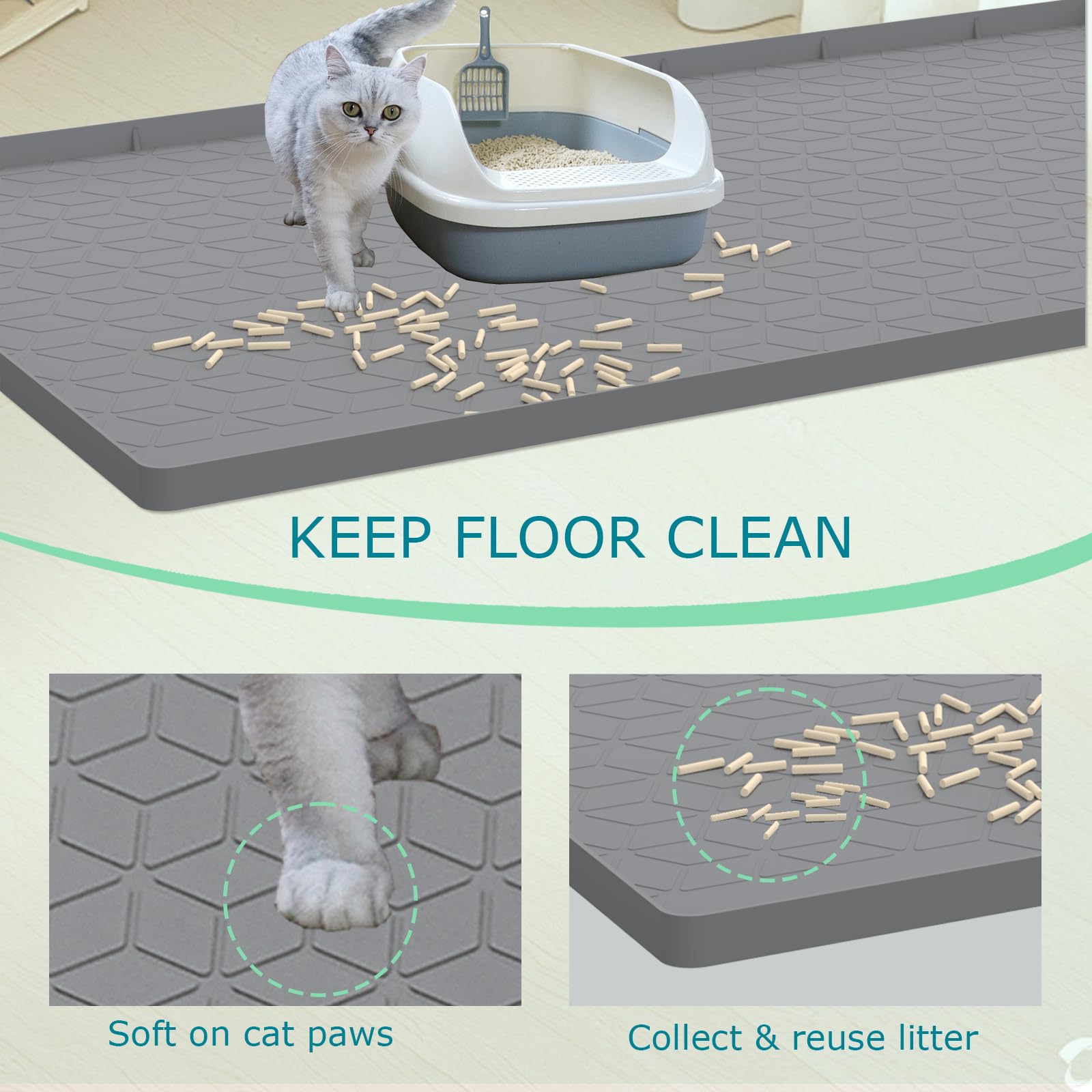 Jacooxi Cat Litter Mat for Litter Box, Silicone Large Cat Litter Trapping Mat - 31x22 in, Waterproof & Non-Slip, Durable & Easy Clean, Gray