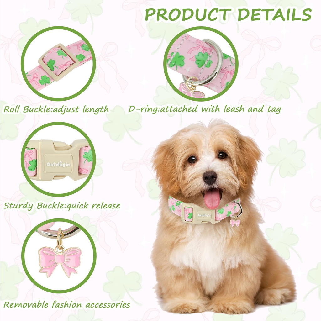 Astdogio St. Patrick's Day Dog Collar,Pink Bow with Green Clover Puppy Collar,Adjustable Spring Cotton Collars Gifts for Small Medium Large Dogs,Dog Accessories S