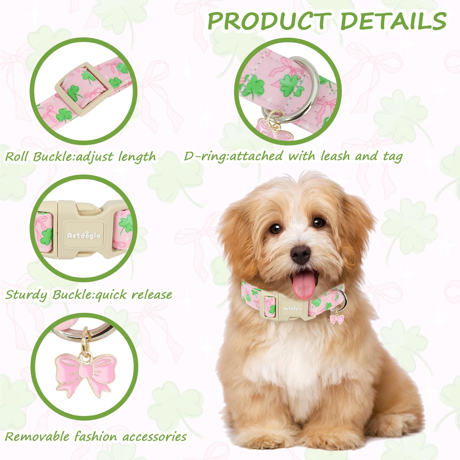 Astdogio St. Patrick's Day Dog Collar,Pink Bow with Green Clover Puppy Collar,Adjustable Spring Cotton Collars Gifts for Small Medium Large Dogs,Dog Accessories S