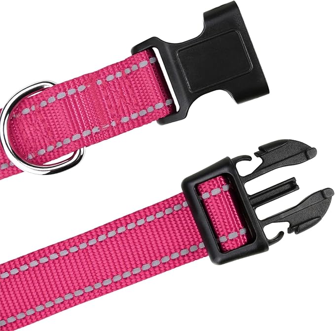 TagME Reflective Nylon Dog Collars, Adjustable Classic Pet Collar with Quick Release Buckle for Puppy, Hot Pink, 3/8" Width