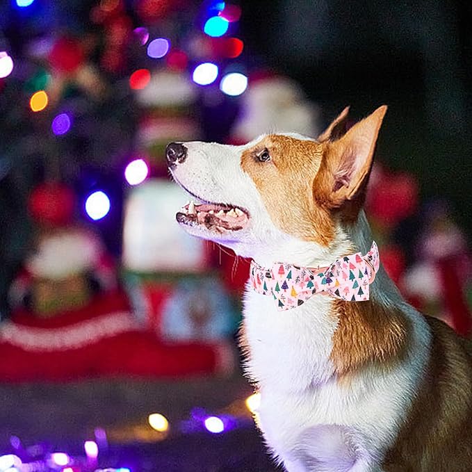 Bobo Rainbow Christmas Dog Collar, Pink Christmas Tree Soft Comfortable Collars with Bow Adjustable Pet Collar with Premium Metal Buckle Puppy Necklace for X-Small Girl Dogs