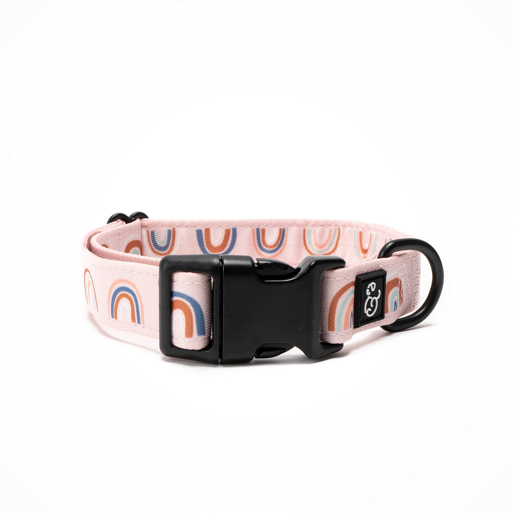 Lucy & Co. in The Clouds Dog Collar - Durable Lightweight Designer Collar for Pets - Adjustable Metal Safety Buckle - Pink Rainbows - Small