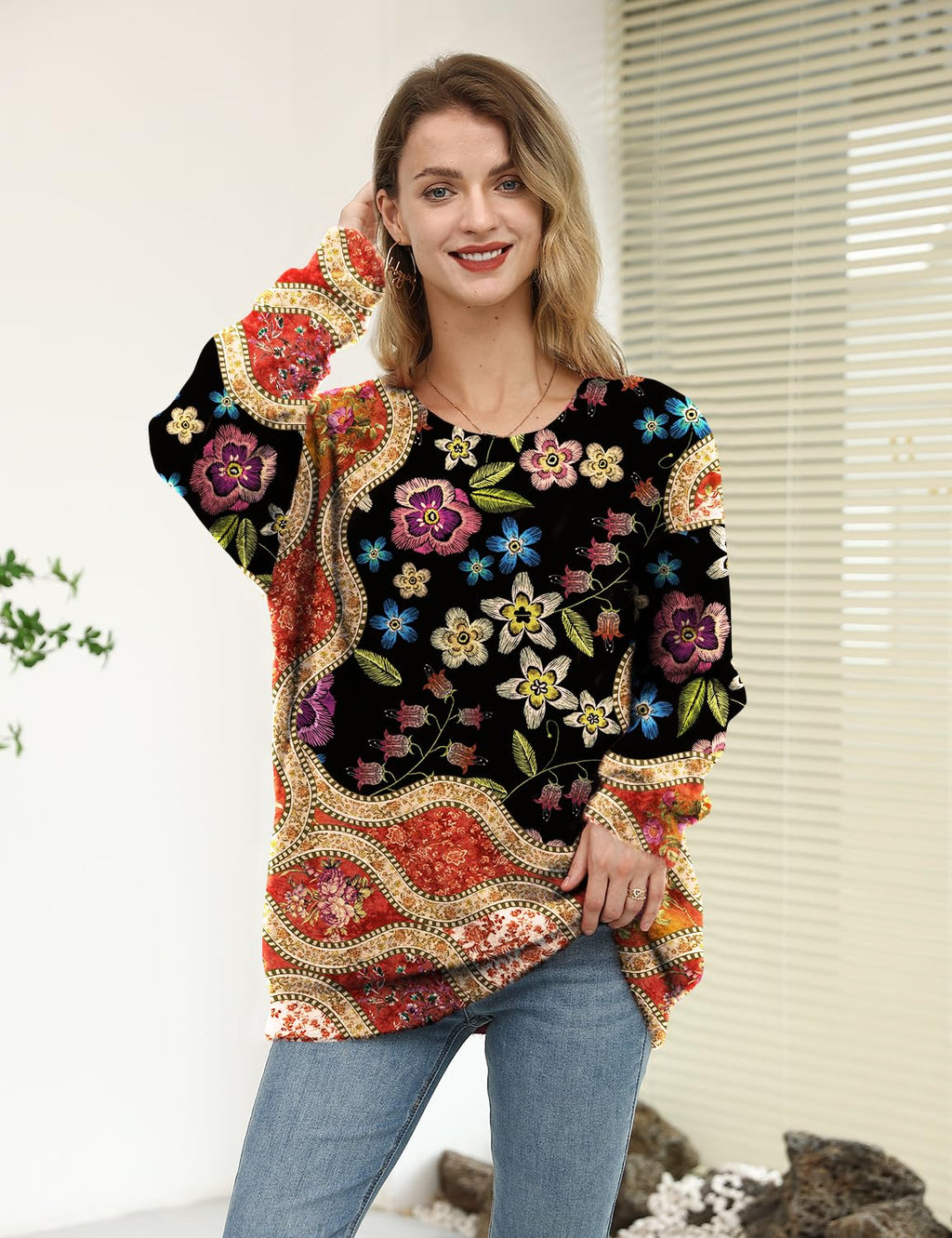 YESNO Women Sweater Graphic Oversized Pullover Sweaters Casual Loose Long Sleeve Knit Tops 2XL S01 CR174