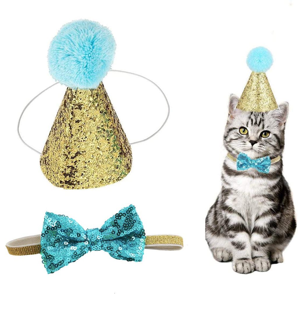 Christmas Pet Party Jazz Hat and Blingbling Bow Tie Breakaway Collar Set, Adjustable Headband for Kitten Puppy Small Dogs Cats (01 Light Blue)