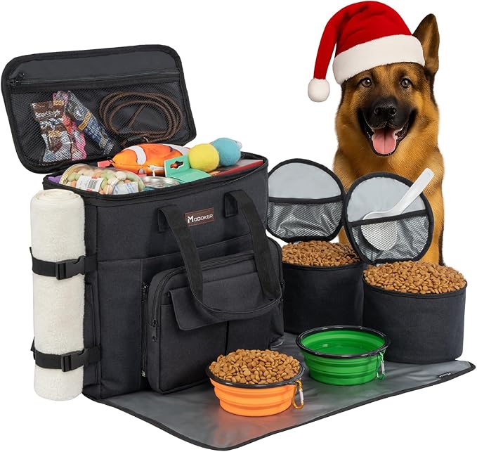 Modoker Dog Travel Organizer Carriers for Supplies & Accessories, Airline Approved Cat Pet Travel Bag, 2 Collapsible Bowls, 2 Travel Dog Food Container