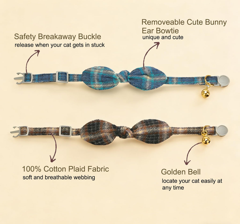 YUDOTE Cotton Bowtie Cat Collar with Bell 2 Pack Plaid Breakaway Kitten Collars with Removeable Bunny Ear Bow(Mocca Tweed+Ocean Blue)
