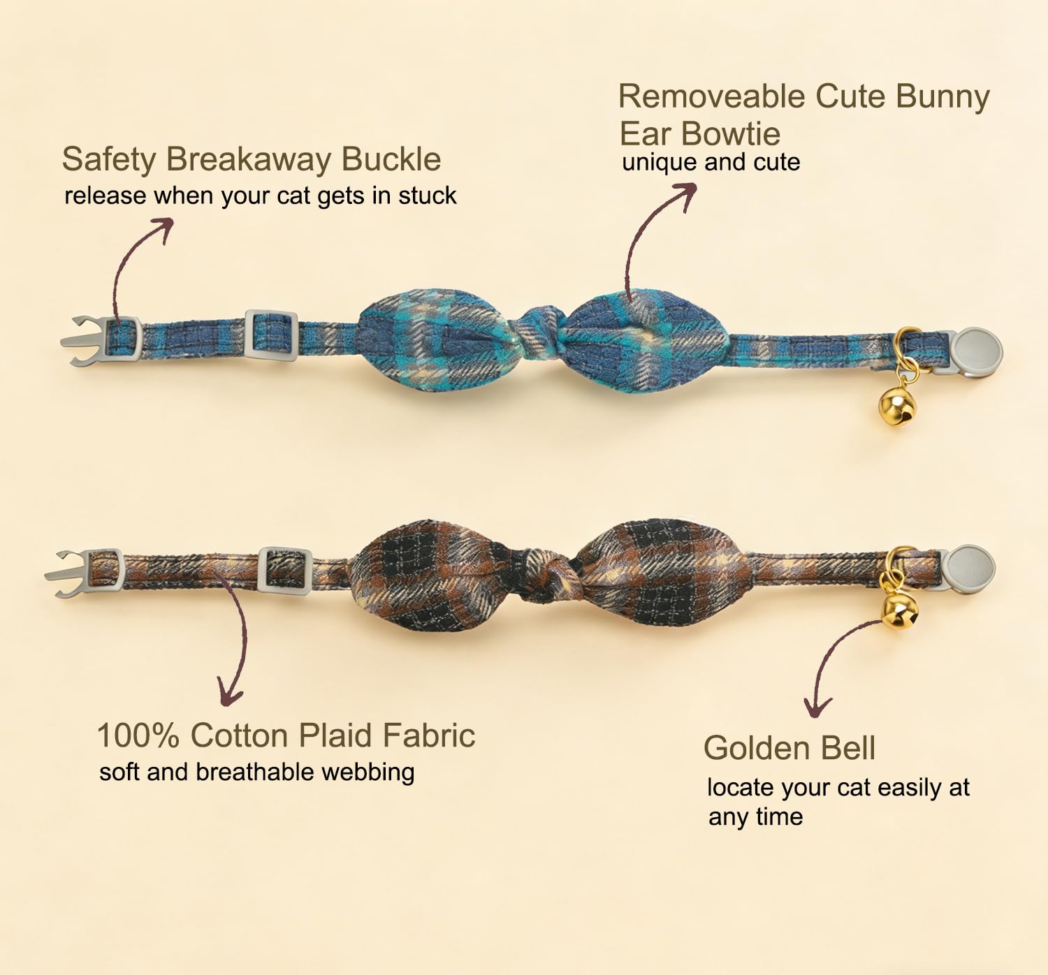 YUDOTE Cotton Bowtie Cat Collar with Bell 2 Pack Plaid Breakaway Kitten Collars with Removeable Bunny Ear Bow(Mocca Tweed+Ocean Blue)