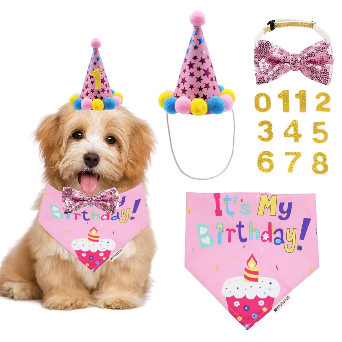 ADOGGYGO Dog Birthday Hat Bandana Bow Tie Set, Navy Blue, Large