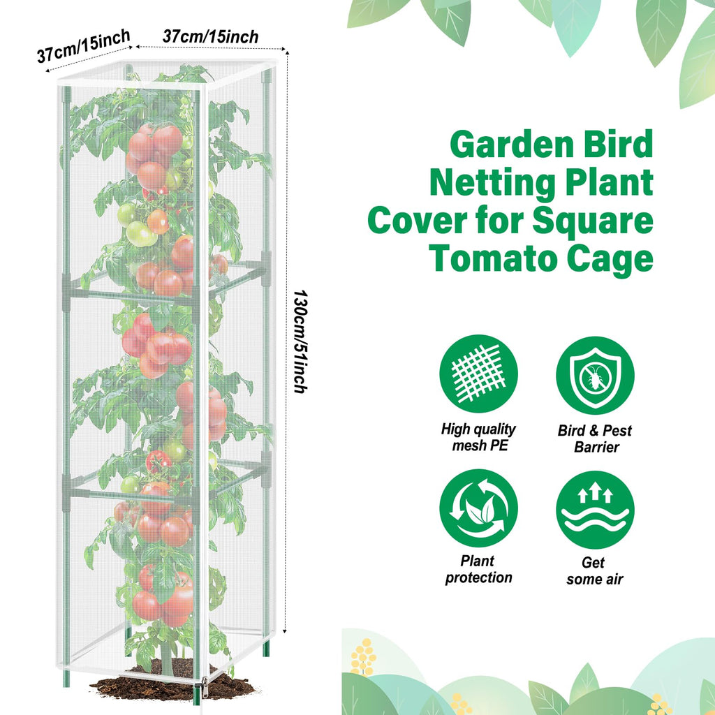 3 Pack Garden Bird Netting Plant Cover for Square Tomato Cage,14.6"x14.6"x51.2" Insect Bird Barrier Tomato Cage Net with Zipper Drawstring,Tomato Trellis Netting Protection Cover for Protecting Plants