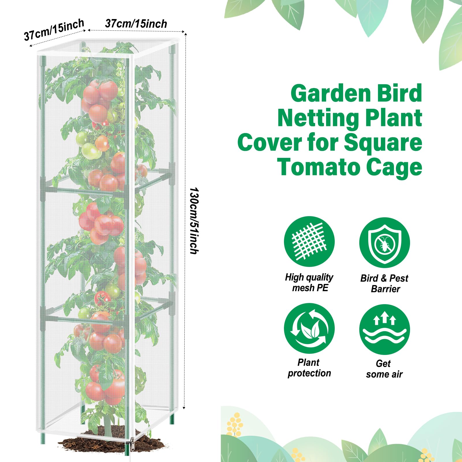 3 Pack Garden Bird Netting Plant Cover for Square Tomato Cage,14.6"x14.6"x51.2" Insect Bird Barrier Tomato Cage Net with Zipper Drawstring,Tomato Trellis Netting Protection Cover for Protecting Plants