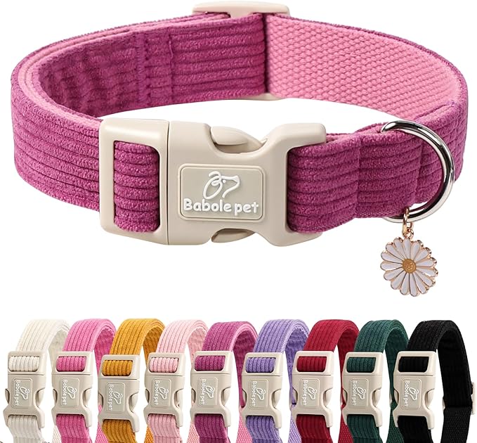 Babole Pet Cute Corduroy Dog Collar - Fuchsia Adjustable Dog Collars for X-Large Dogs 80+lbs, Fade-Proof with Secure Snap & Little Charm, Christmas Birthday Gift, XL