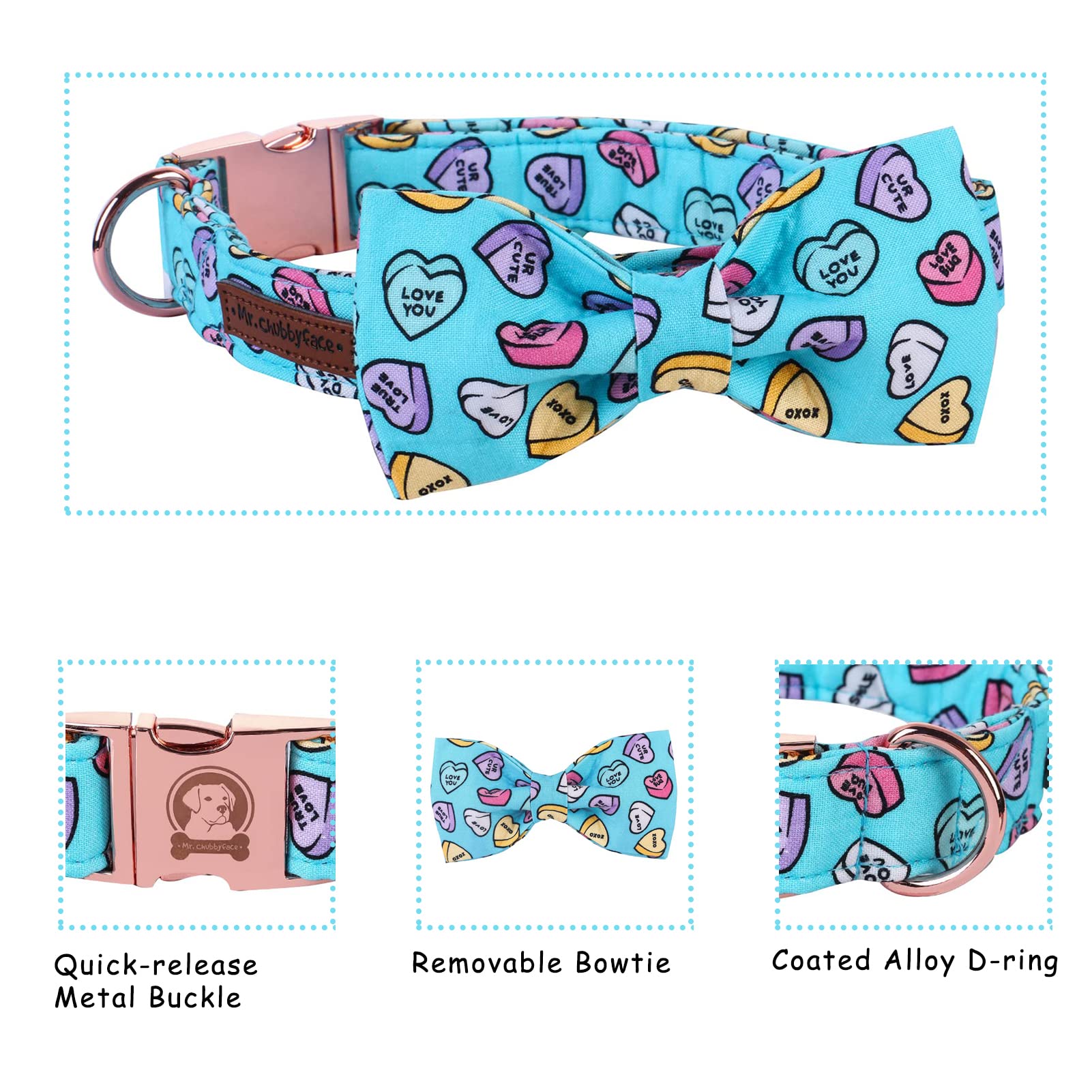MR. CHUBBYFACE Valentine's Dog Collar with Bowtie, Cute Blue Heart Dog Collar with Metal Buckle, Adjustable Cotton Collar for Small Medium Large Dogs